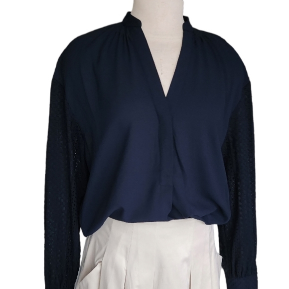 Club Monaco Navy Blue Lace Sleeve Blouse - Picture 3 of 13